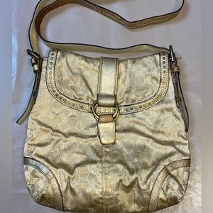 COACH F12852 Gold Metallic Signature C Shoulder Crossbody Bag hobo bag